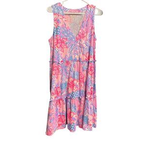 NWT Lilly Pulitzer Lorina V-Neck Dress Ruffle Pink Isle Snappy Turtle Size L